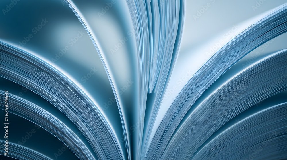 Fototapeta premium Intricate layers of a book's pages are artfully displayed in a close-up, featuring cool, muted tones and flowing curves.