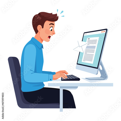 Digital Drama: A shocked individual confronts a shattering computer screen, symbolizing unexpected failure, data loss, or technological malfunction. Capturing shock.