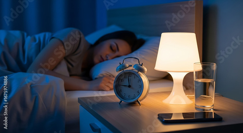 Woman sleeping peacefully in bed at night with alarm clock on nightstand