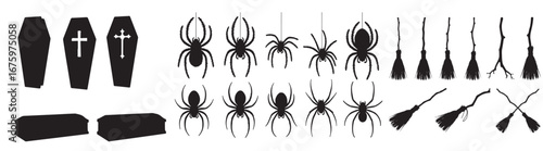 A collection of halloween silhouettes including coffins spiders and brooms in a flat vector design