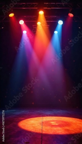 Bright, dazzling stage lights illuminating an empty theater, ready for a spectacular performance The spotlight catches dust motes in the air, adding to the magical atmosphere , reflection, design