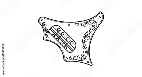 Ornate Guitar Pickguard with Single-Coil Pickup Line Art Illustration.