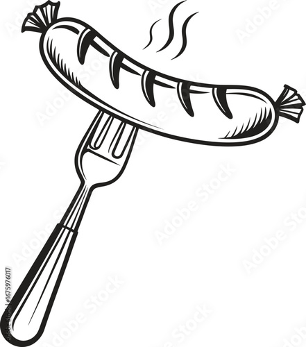 Grilled Sausage on Fork Icon Black and White Barbecue, Food, Cooking, Picnic, Grill Symbol, Meat Restaurant Vector Illustration