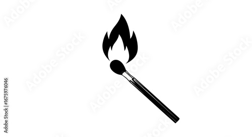 Black and White Burning Match with Flame Illustration.
