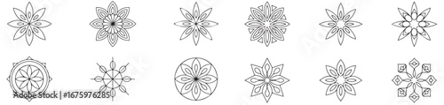 Collection of twelve floral designs in black and white line art style arranged in two rows