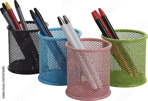 A vibrant and colorful group of pencils, pens, and markers in a container on a desk