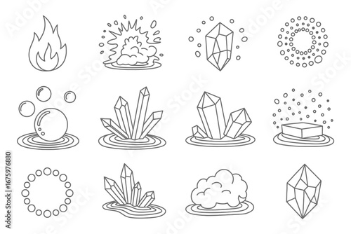 Collection of Alchemical Elements and Geometric Shapes Doodles Representing Natural Processes and Fundamental Components of the Universe