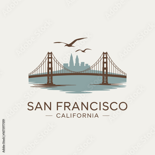 San Francisco California Illustration with Golden Gate Bridge and Skyline Silhouette Vector Art for Travel and Tourism