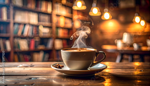 A Steaming Cup of Coffee on a Rustic Wooden Table in a Cozy Library Cafe