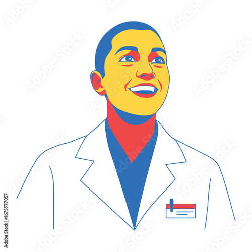 Smiling Medical Professional: A radiant medical professional stands confidently in a simplified, illustrative style, exuding warmth and competence.