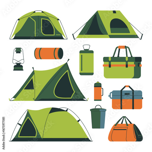 Camping Equipment and Essentials Illustration with Tents Bags and Supplies for Outdoor Adventures and Nature Exploration
