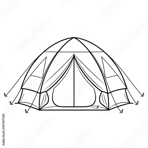 Camping tent outline drawing for outdoor adventure and recreation activities detailed line art and illustration for graphic design and web design purposes
