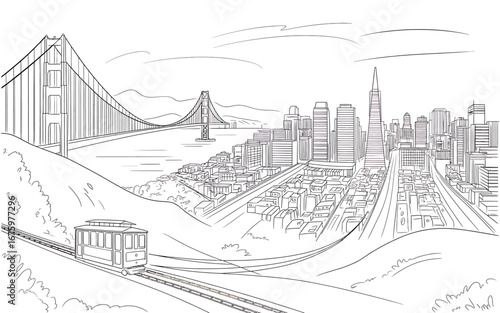 Detailed San Francisco Cityscape Sketch with Golden Gate Bridge Cable Car and Urban Buildings in Black and White Art