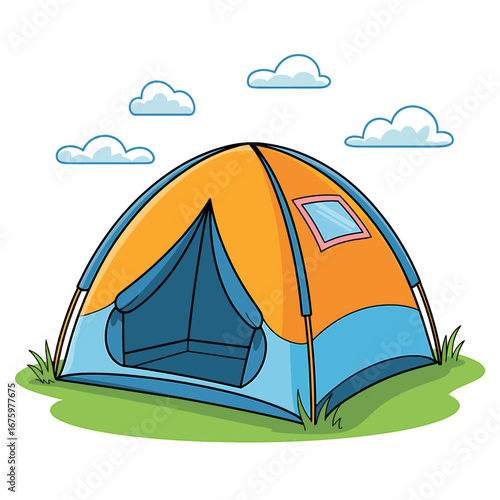 Cartoon Tent on Green Grass Under Blue Sky with Clouds Illustration for Kids Adventure and Camping Trips