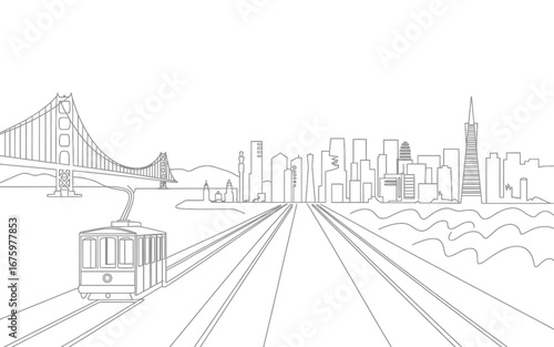 San Francisco Skyline with Golden Gate Bridge and Cable Car Illustration Urban Landscape Graphic Design Vector Art Cityscape Background San Francisco Bay Area Line Art