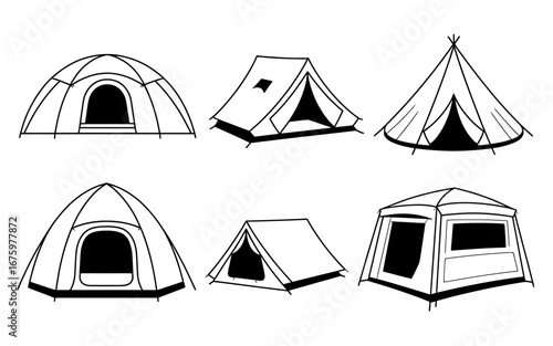 Collection of Black and White Tent Illustrations for Camping and Outdoor Adventures Variety of Designs and Shapes Simple Line Art Perfect for Icons or Graphics