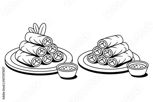 Crispy Spring Rolls with Dipping Sauce Illustration Asian Cuisine Traditional Appetizer Delicious Culinary Experience Monochrome Food Art