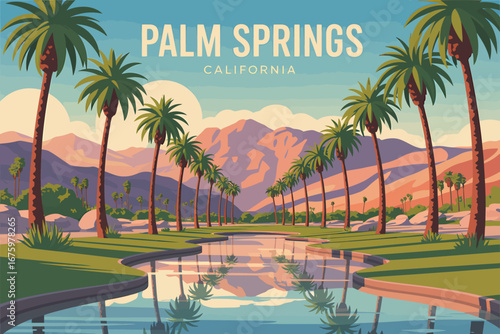 Palm Springs California Landscape with Mountain Views and Palm Trees Reflected in Water a Beautiful Travel Destination Artwork