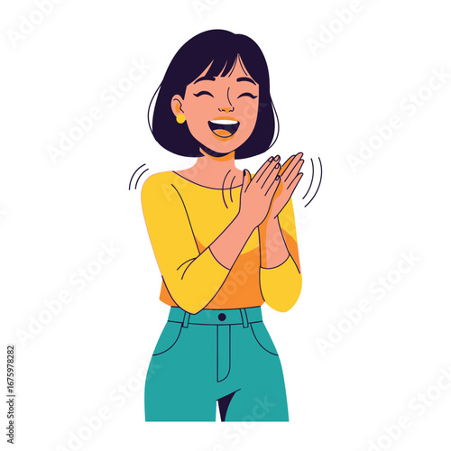 Joyful Applause: A woman, radiating happiness, claps her hands with joyful enthusiasm, her animated expression conveying sheer delight.