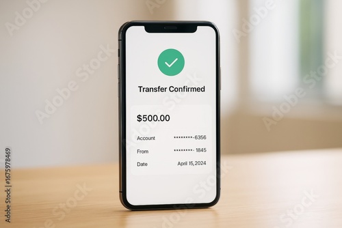 Smartphone showing successful mobile bank transfer confirmation screen with $500 amount on wooden desk and blurred light background indoors. Ai generative