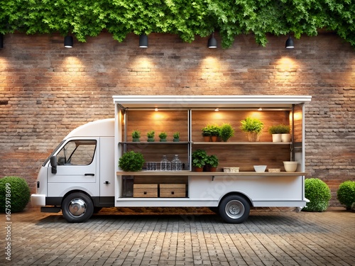 Food truck with flowers and plants on display in front of a brick wall