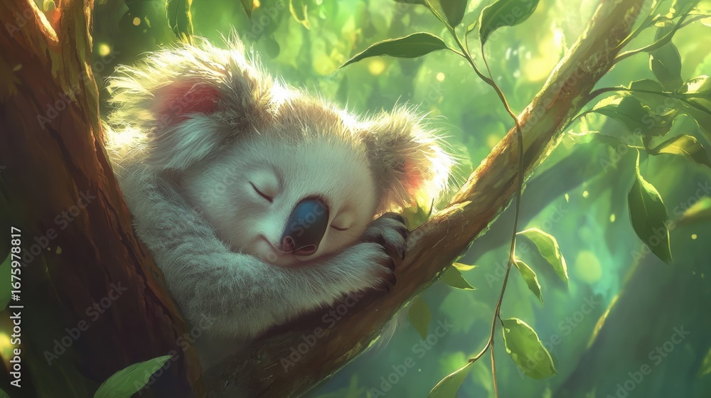 Fototapeta premium Sleeping Koala in Lush Greenery Under Soft Sunlight