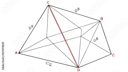Geometric representation of a three dimensional shape with labeled points and lines in perspective view
