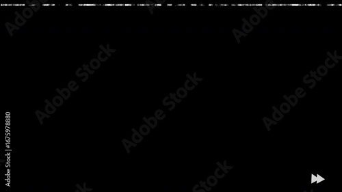 VHS tape rewind big arrows icon symbol middle of the screen effect on 4k Black Screen Film overlay. Analog TV Static and Screen Hiss Loop