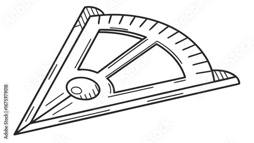 Illustration of a protractor and triangle tool with line details used for measurement and drafting