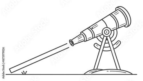 Illustration of a telescope standing on a tripod with a beam of light coming out of the lens