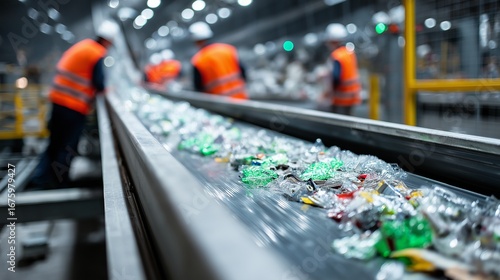 Conveyor belt in a recycling plant sorting through plastics metals and paper waste materials for efficient processing and reuse Workers in the background oversee the automated sorting and recovery