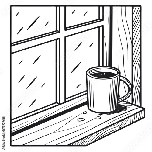 Black and white illustration of a steaming coffee mug resting on a wooden windowsill, with raindrops on the glass, creating a cozy and inviting atmosphere for relaxation