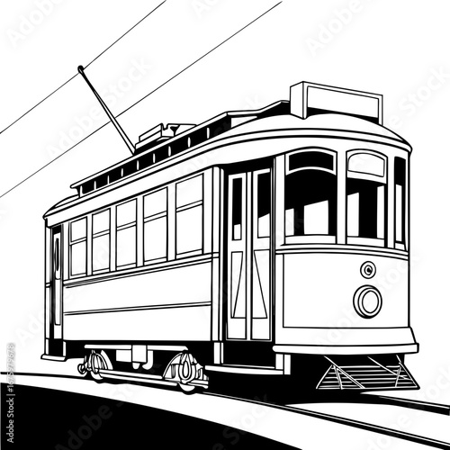 Vintage tram illustration showcasing classic design elements, featuring detailed lines and curves, set against a minimalist background, perfect for transportation-themed projects and creative designs