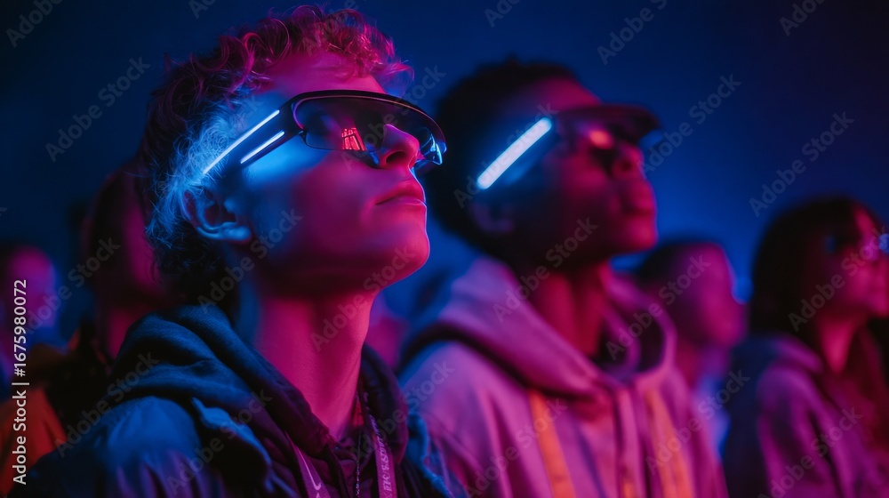 custom made wallpaper toronto digitalPeople attending a digital concert in the metaverse, showcasing virtual reality entertainment, futuristic technology, and immersive experiences.