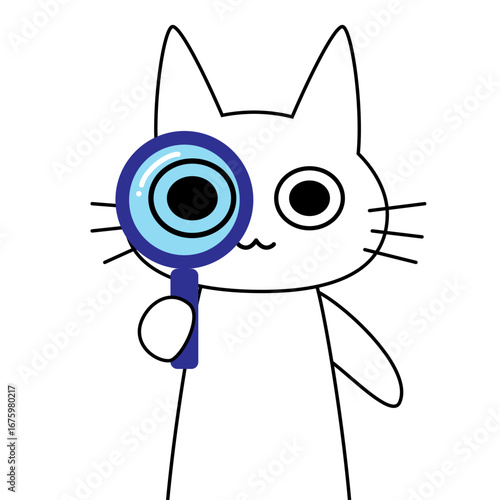 虫眼鏡を持って観察するかわいいネコのキャラクターイラスト。検索や調査、チェック、確認といったイメージを表現するデザイン素材。コミカルでデフォルメされたベクターイラスト｜猫,ネコ,キャラクター,虫眼鏡,調べる