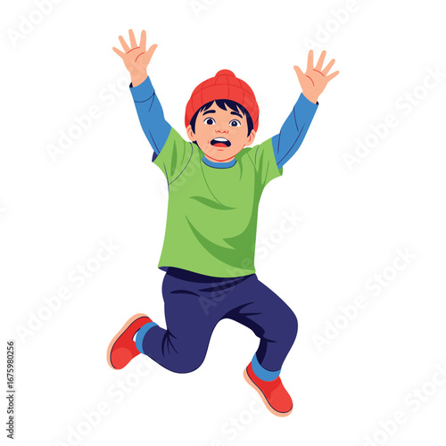 Jumping for Joy: A vibrant illustration of a gleeful child jumping in the air, arms raised, capturing pure childhood bliss and boundless energy.