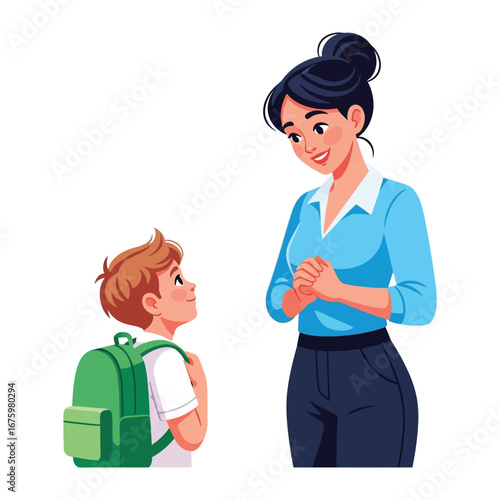 School Time Greetings: A mother and her young child, full of anticipation, stand ready, embarking on a new day.