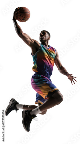 An athletic African American basketball player in a colorful jersey jumps mid-air, holding a basketball, ready to dunk.
