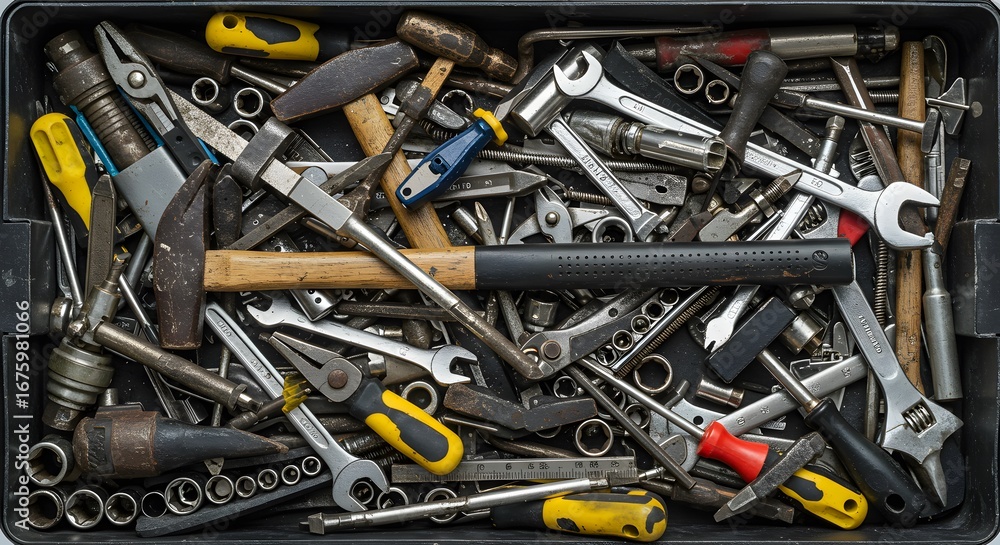 Fototapeta premium Tools in Black Tray Used Wrenches, Hammers, Pliers Overhead View