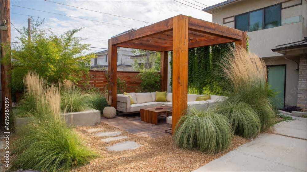 Fototapeta premium Stylish outdoor seating area in a modern backyard with greenery on a sunny afternoon