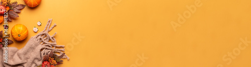 Long wide banner with traditional autumn decorations on light terracotta background with copy space for your design.