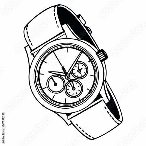 Illustration of a wristwatch with a leather strap and three subdials on a white background created with generated ai