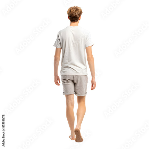 A lone figure walks away, showcasing simplicity and isolation in a studio setting