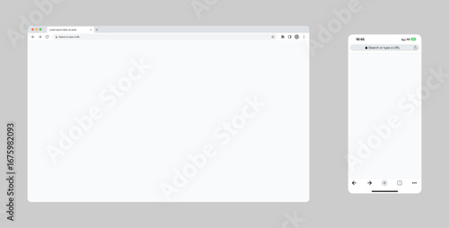 Web browser desktop and mobile version mockup template. Vector UI design of browser windows and smartphone interface for website preview, responsive design, and app presentation.
