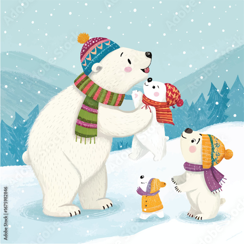 Cartoon Family of Polar Bears in Winter Hats and Scarves Playing in Snow