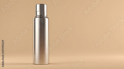 A metallic spray bottle stands tall against a muted beige backdrop.