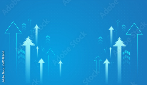 Group of arrows vary in size and transparency, creating a sense of motion and direction toward success, Growth blue arrows on light blue background.