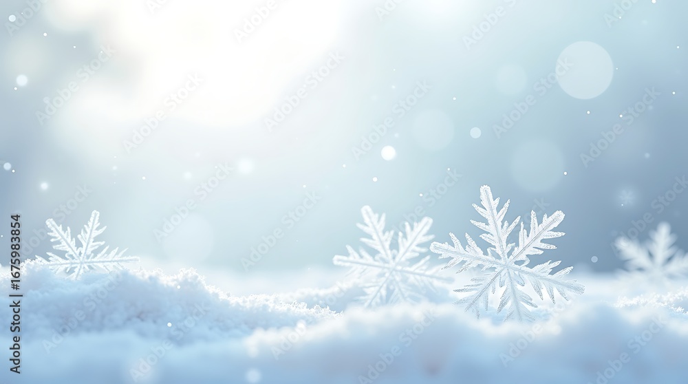 Naklejka premium Intricate snowflakes shaped like delicate flowers float gently against a simple, light-colored backdrop