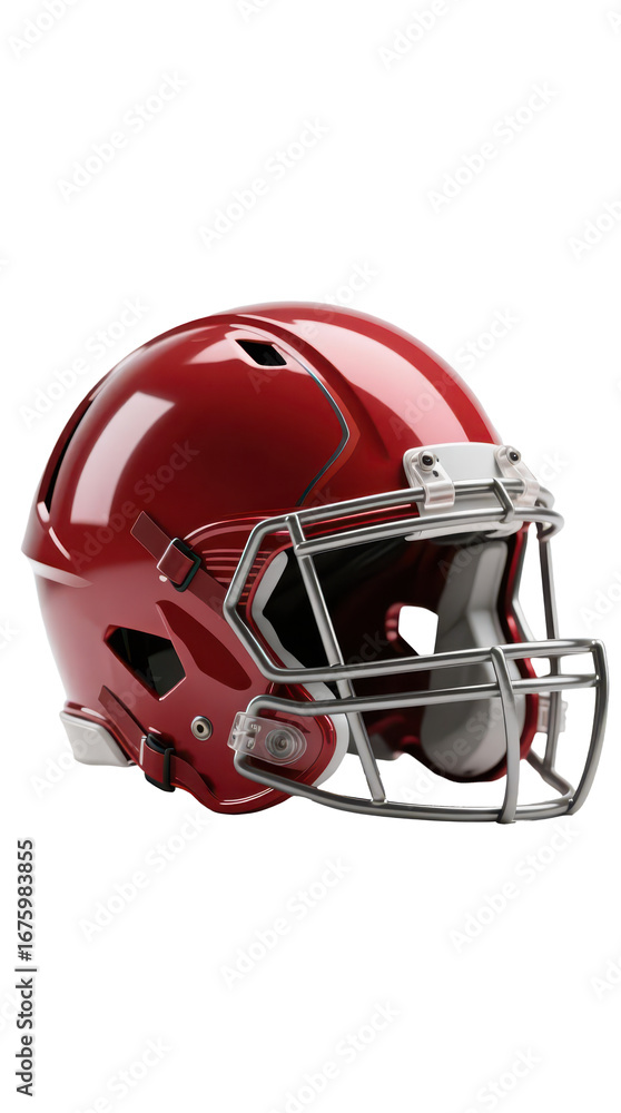 Fototapeta premium A glossy, maroon-colored American football helmet with a silver face mask, isolated against a white background.