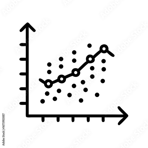 Line graph with scatter plot showing positive correlation on coordinate axes in black and white style